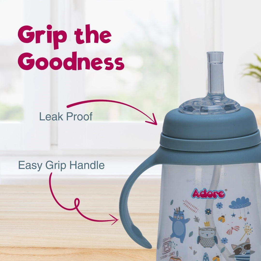 Adore Great Britain Wide Neck Straw Sipper with Gravity Ball and Twin Handle- 250ml Blue