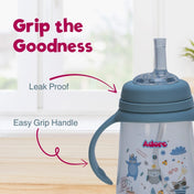 Adore Great Britain Wide Neck Straw Sipper with Gravity Ball and Twin Handle- 250ml Blue