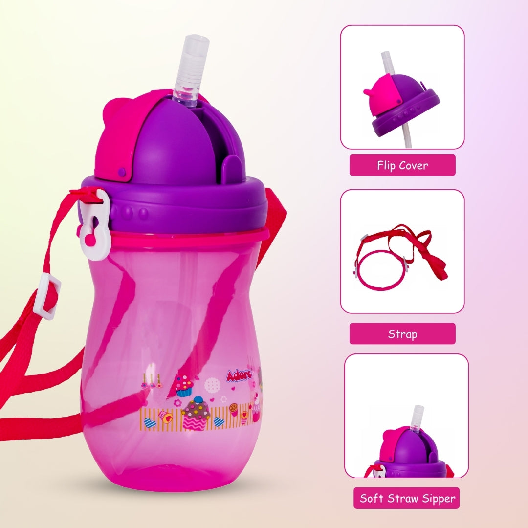 Adore Idaho Straw Sipper with Retractable Hood & Adjustable Shoulder Strap 300 ml - Pink