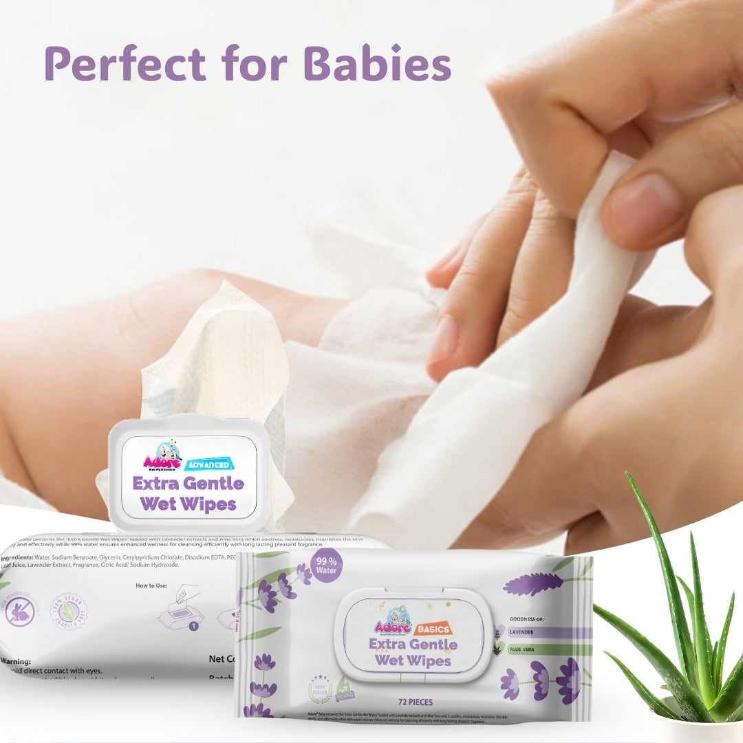 Adore Baby Lavender Wet Wipes with Goodness of Aloe-vera- 99% Pure Water- Pack of 72n Wipes* 9 Pack