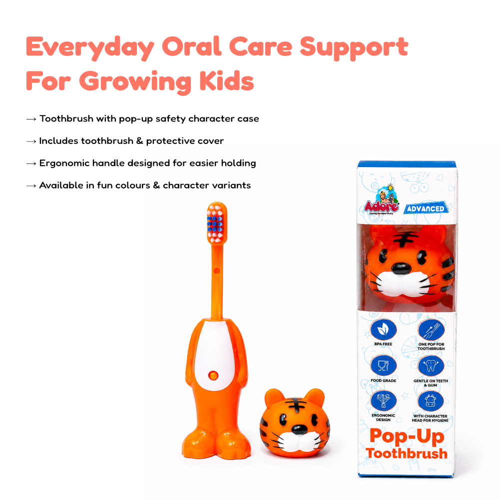 Adore Kids Pop Up Toothbrush with Safety Head Attractive Character - Orange Tiger
