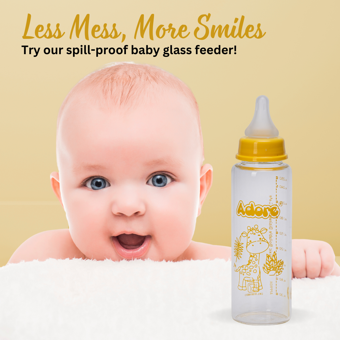 Adore Glaze Senior 2 Stage Glass Feeding Bottle with Anti- Colic Teat -250ml- Yellow