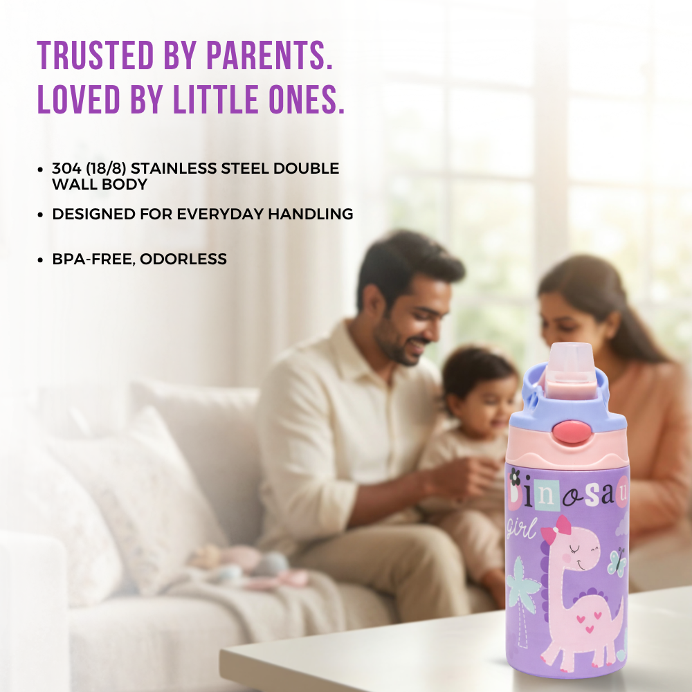 Adore Helios! Double Wall Insulated Stainless Steel Sipper 350ml- Purple Dino