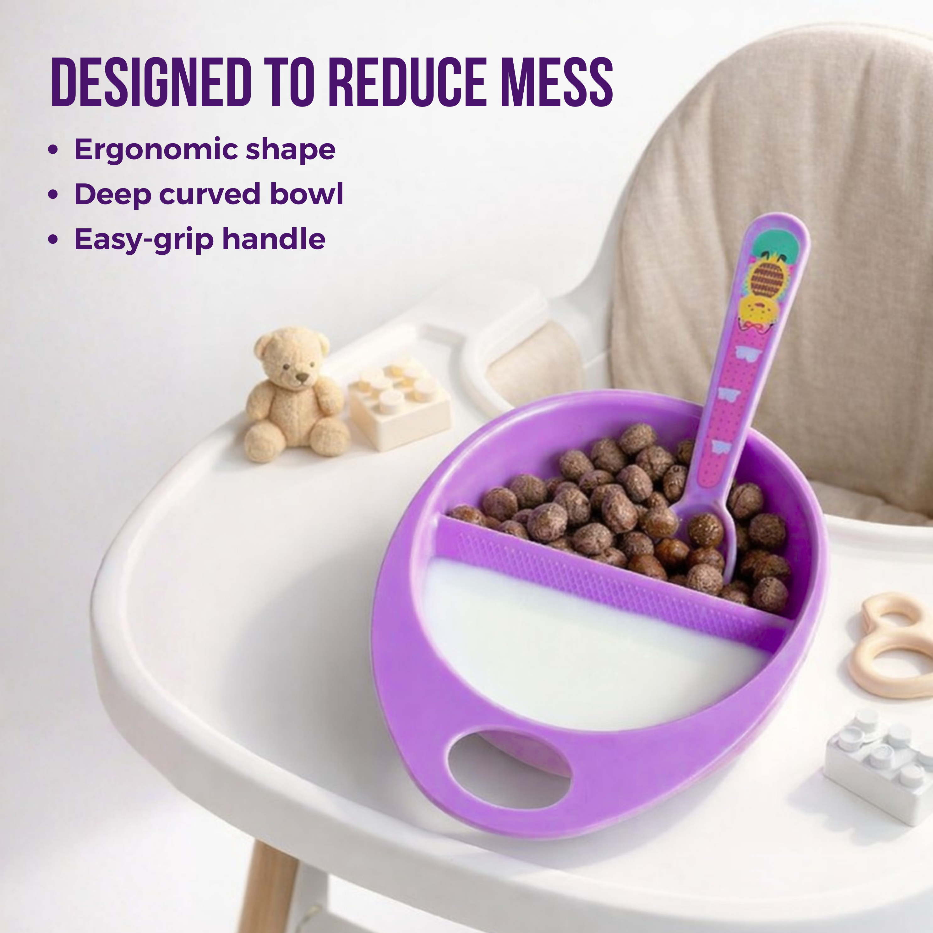 Adore Supper Hero Feeding Bowl with Spoon, Fork & Wooden Masher- Purple