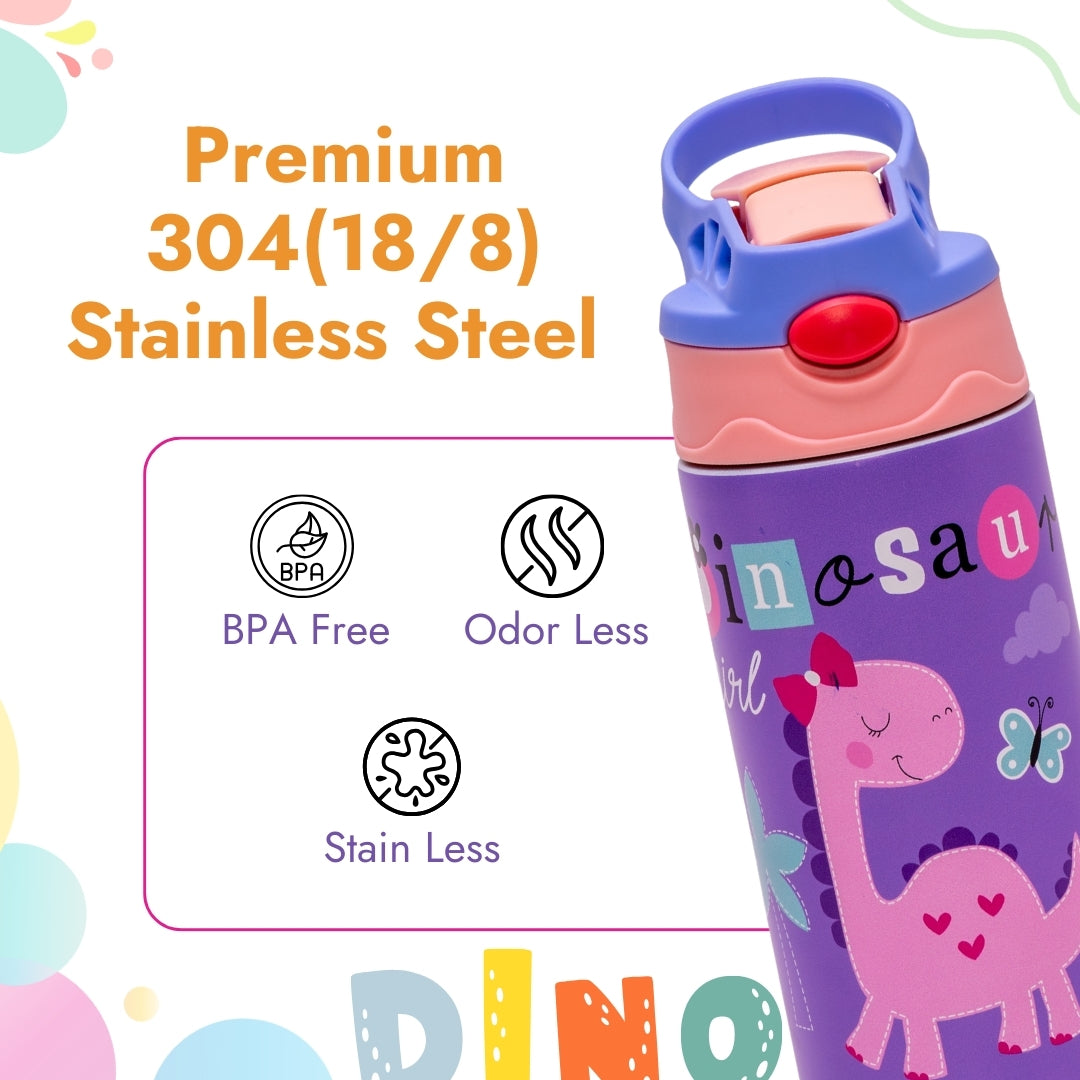 Adore Helios! Double Wall Insulated Stainless Steel Sipper 350ml- Purple Dino