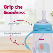 Adore Great Britain Wide Neck Straw Sipper with Gravity Ball and Twin Handle- 250ml New Blue