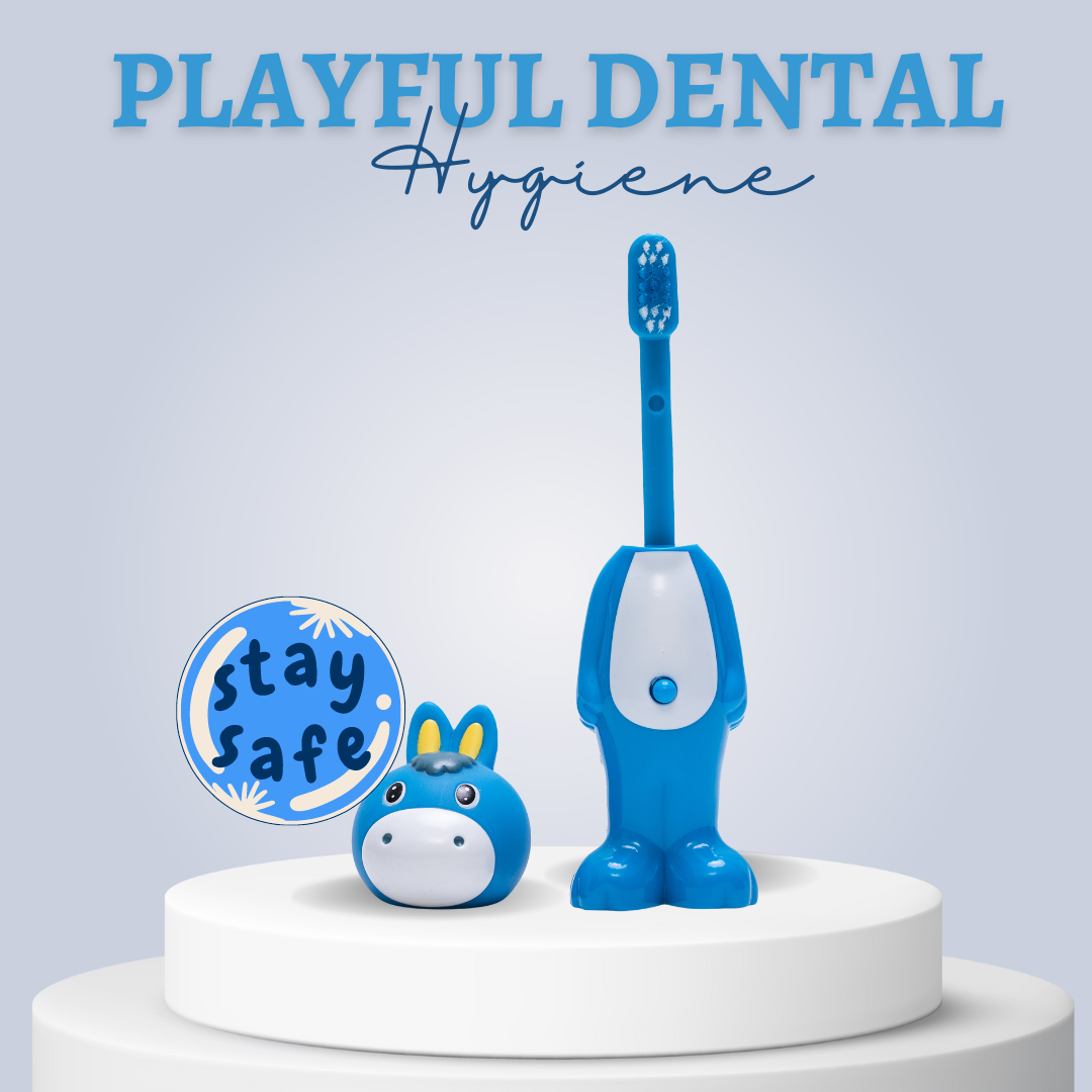Adore Kids Pop Up Toothbrush with Safety Head Attractive Character - Blue Donkey