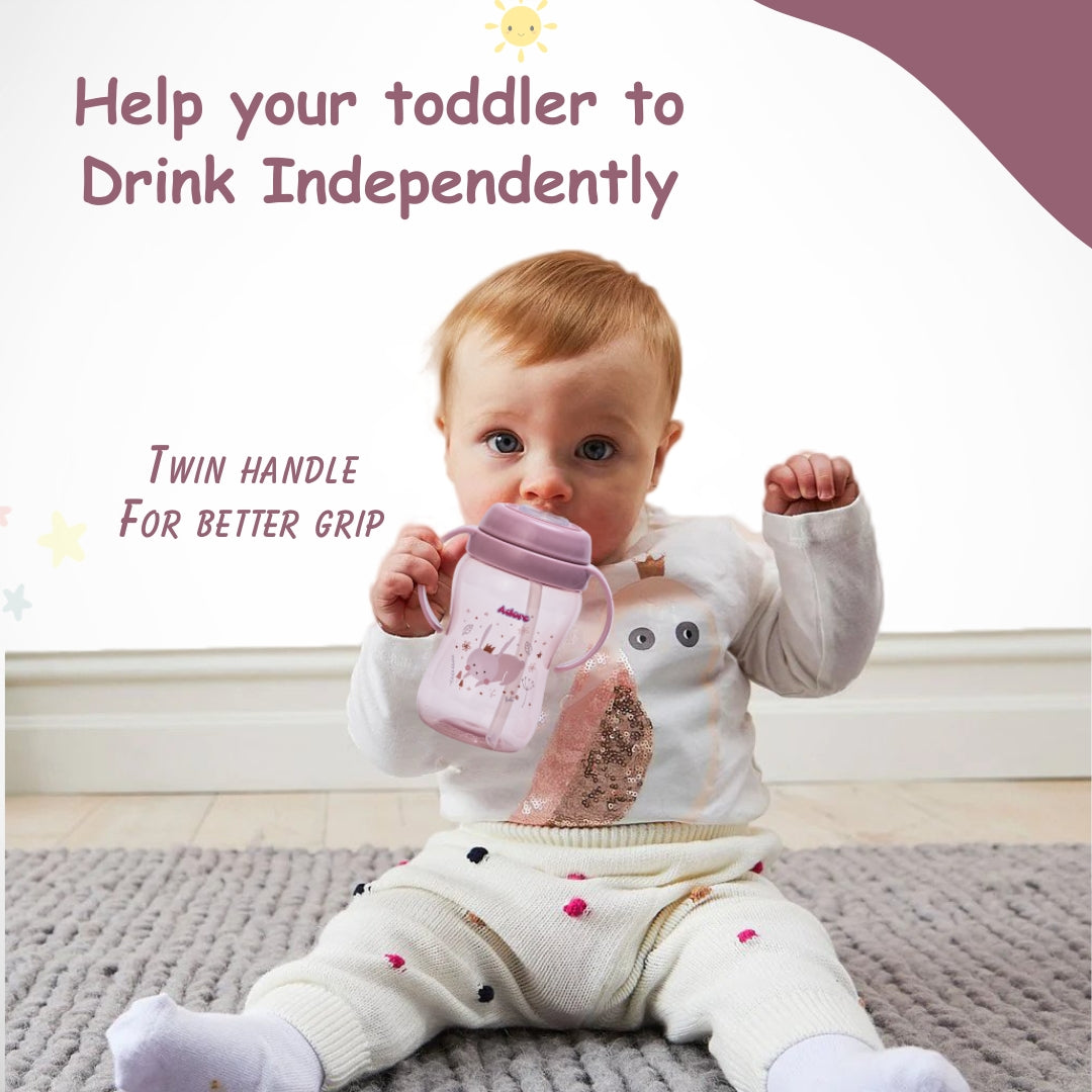 Adore SPARRO Soft Straw Sipper with Dust Free Cap and Twin Handle 270ml - Pink