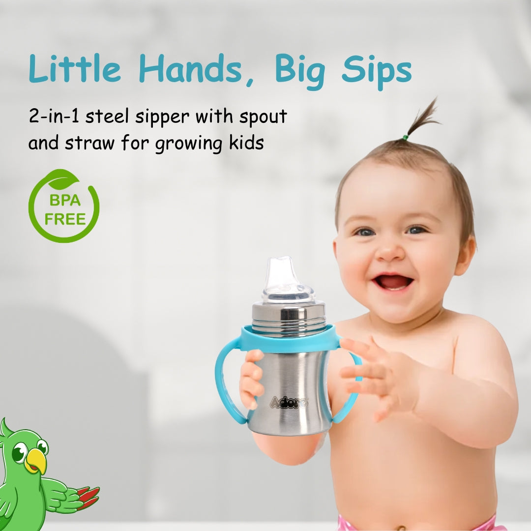 Adore Twilight Jr 2 in 1 Stainless Steel Sipper with Twin Handle 150ml- Blue