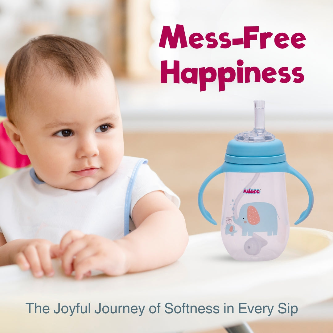 Adore Great Britain Wide Neck Straw Sipper with Gravity Ball and Twin Handle- 250ml New Blue