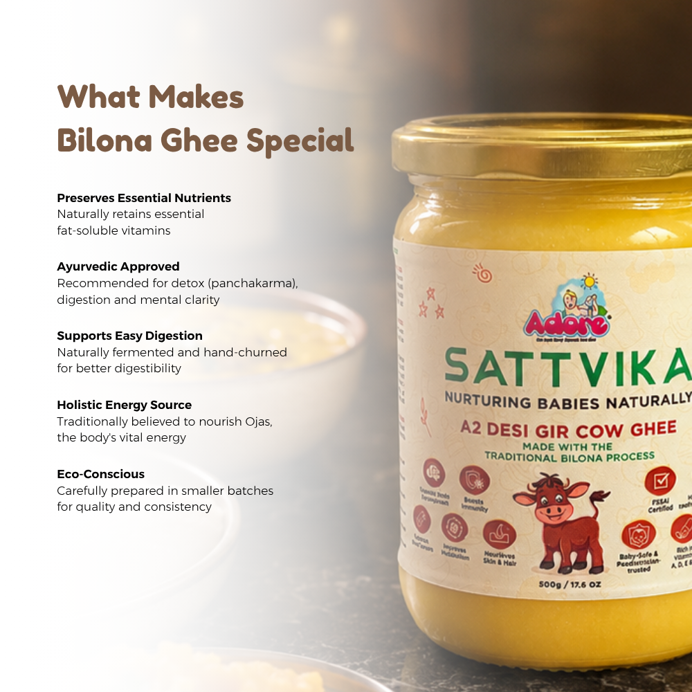 Adore Sattvika A2 Desi Cow Ghee for Babies | Traditional Bilona Process | Pure & Natural | 500g