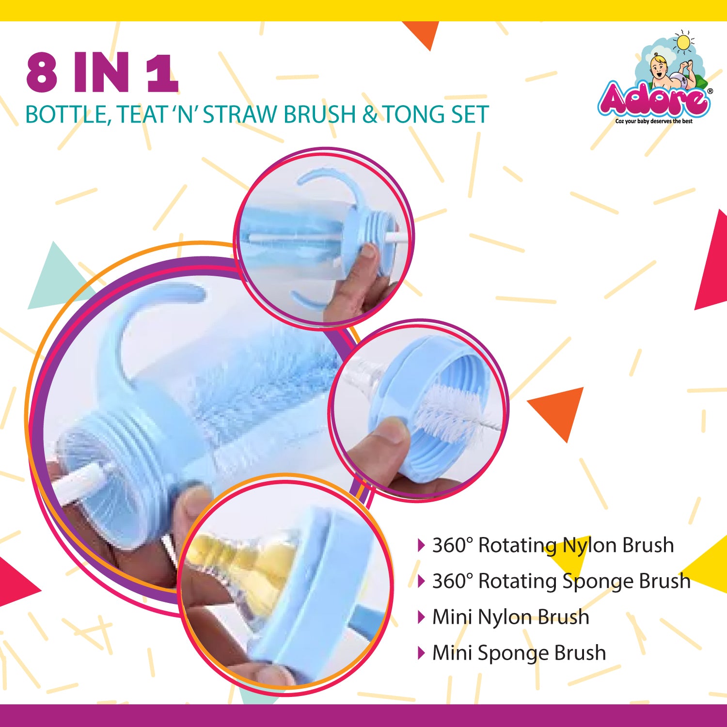 Adore Baby Bottle Cleaning Brush Kit Pack of 8