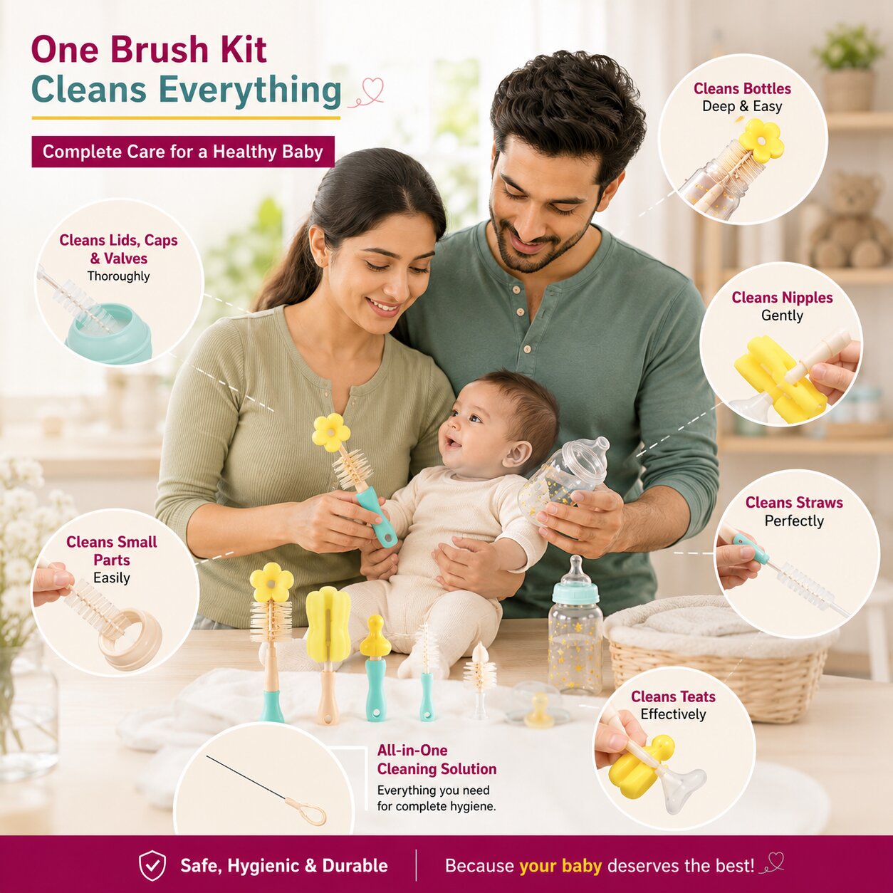 Adore Aloha 6 in 1 Bottle Cleaning Brush Kit - (Colour May Vary)