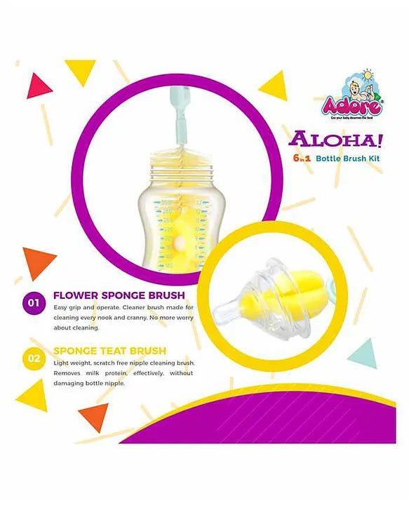 Adore Aloha 6 in 1 Bottle Cleaning Brush Kit - (Colour May Vary)