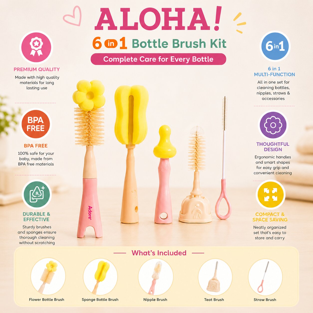 Adore Aloha 6 in 1 Bottle Cleaning Brush Kit - (Colour May Vary)
