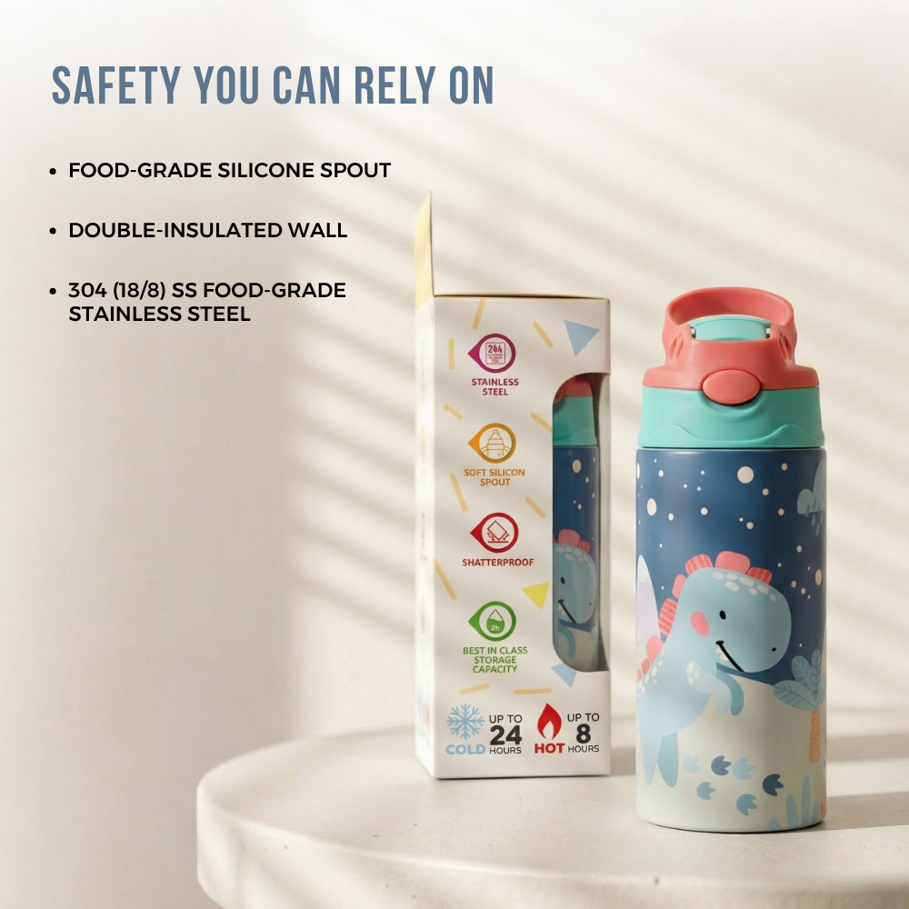 Adore Helios! Double Wall Insulated Stainless Steel Sipper 350ml- Blue Sky Dino