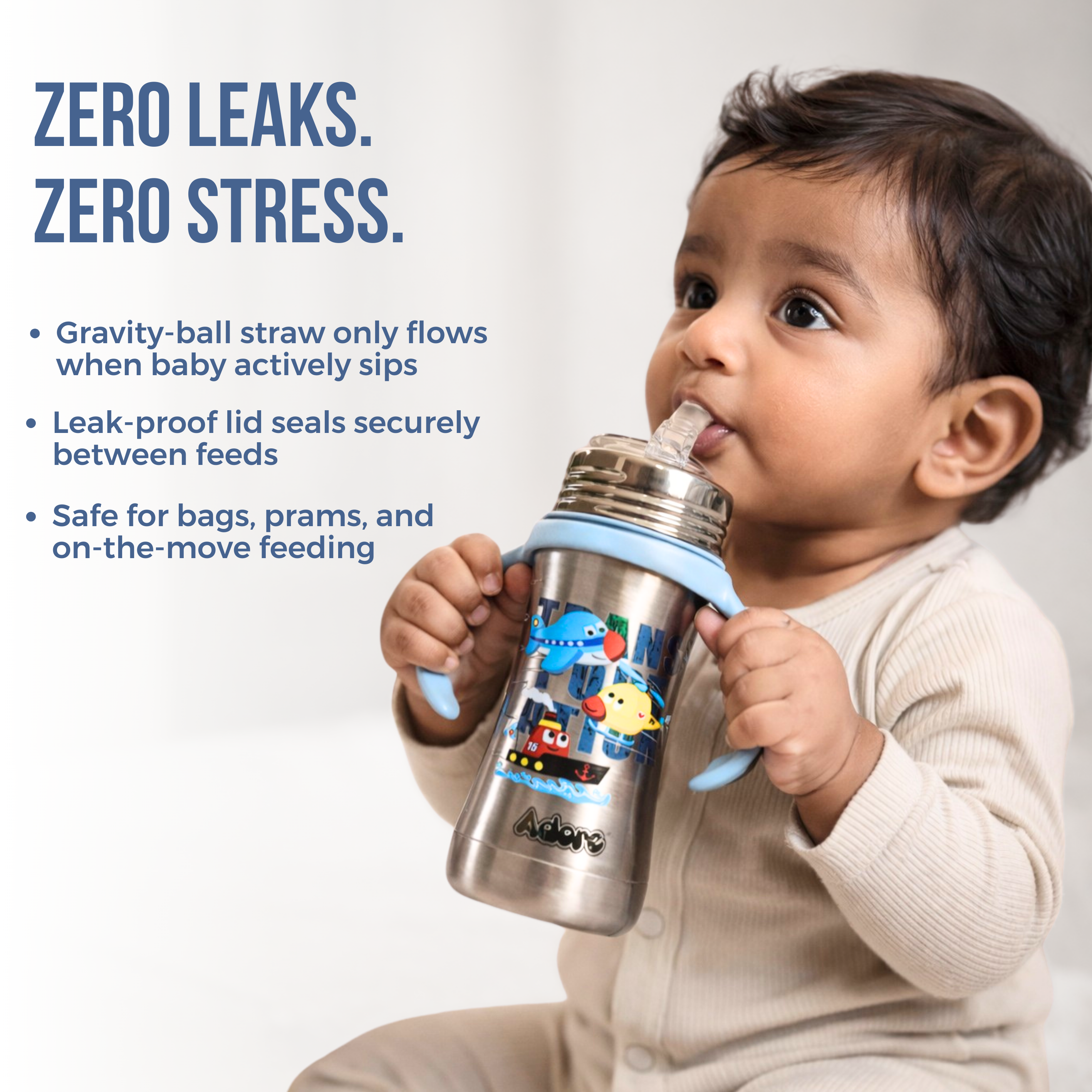 Adore Twilight 2in 1 Stainless Steel Sipper with Twin Handle 250ml - Blue Transport