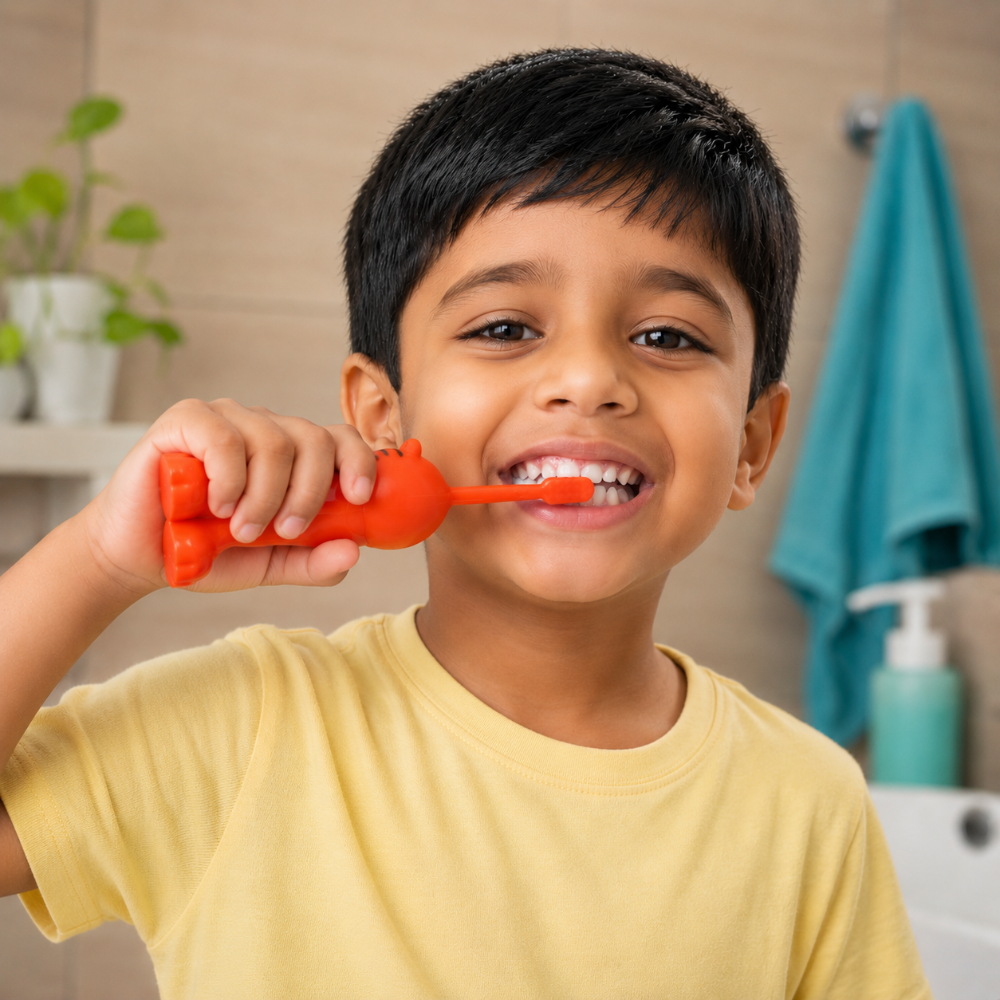 Adore Kids Pop Up Toothbrush with Safety Head Attractive Character - Orange Tiger
