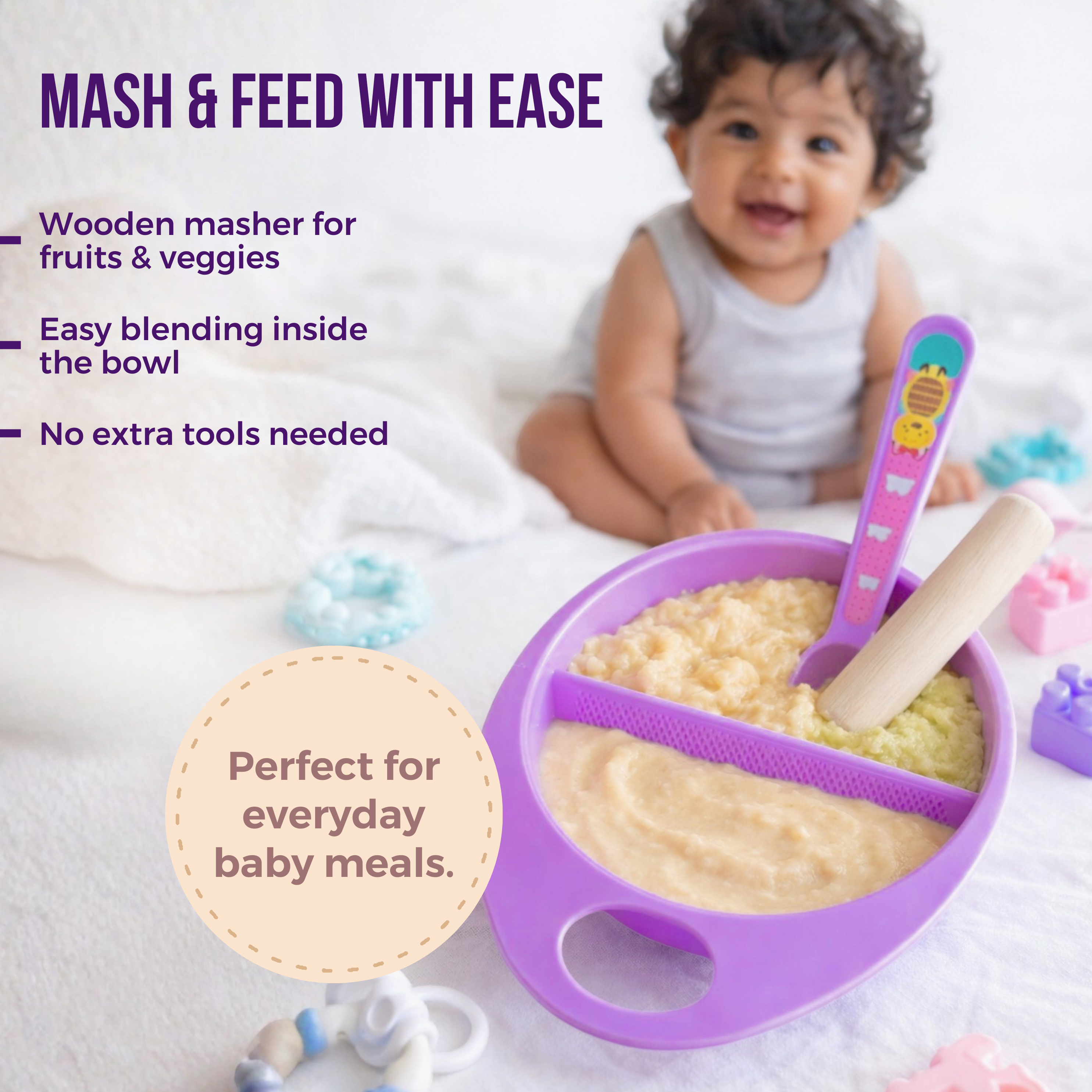 Adore Supper Hero Feeding Bowl with Spoon, Fork & Wooden Masher- Purple