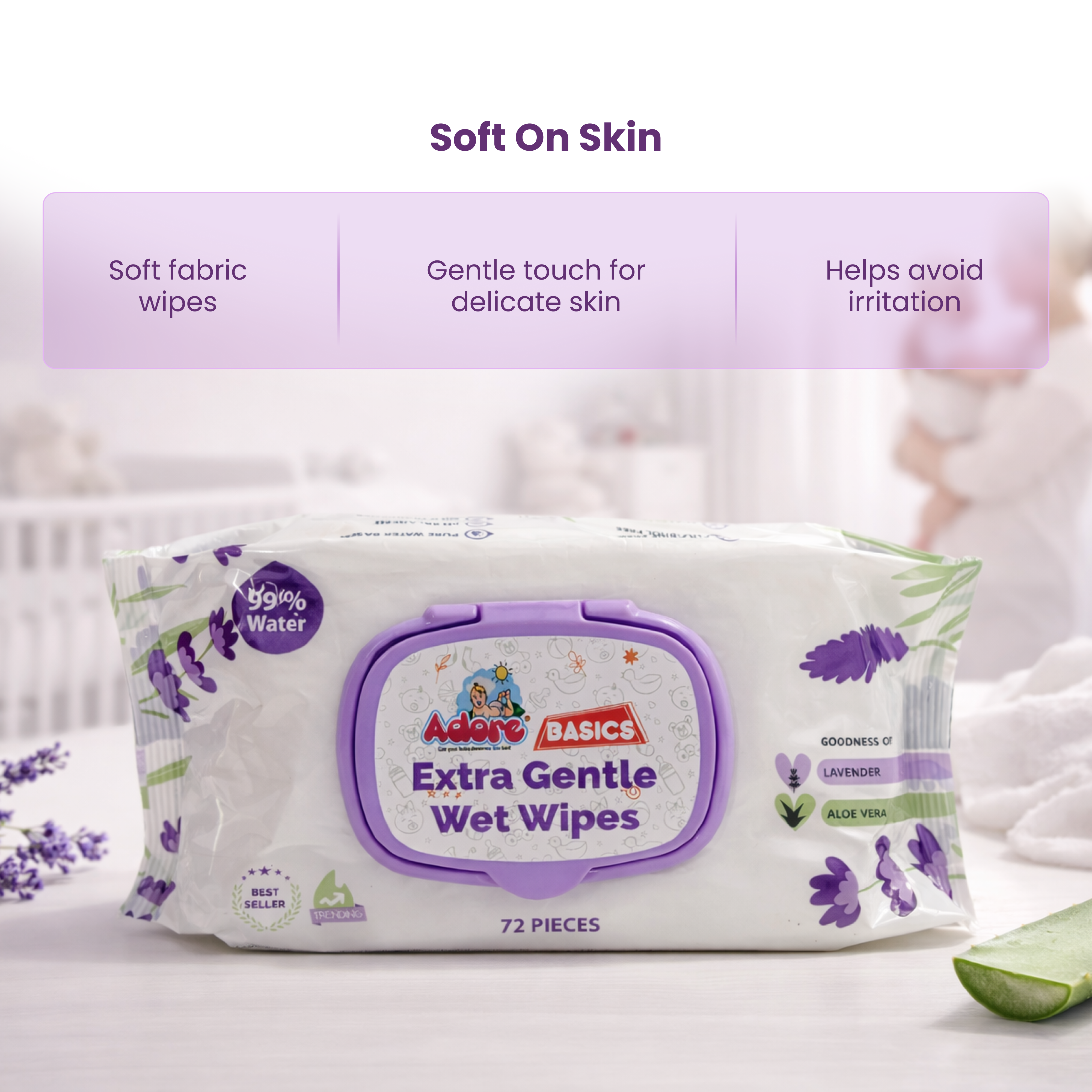 Adore Baby Lavender Wet Wipes with Goodness of Aloe-vera- 98% Pure Water- Pack of 72n Wipes* 1 Pack