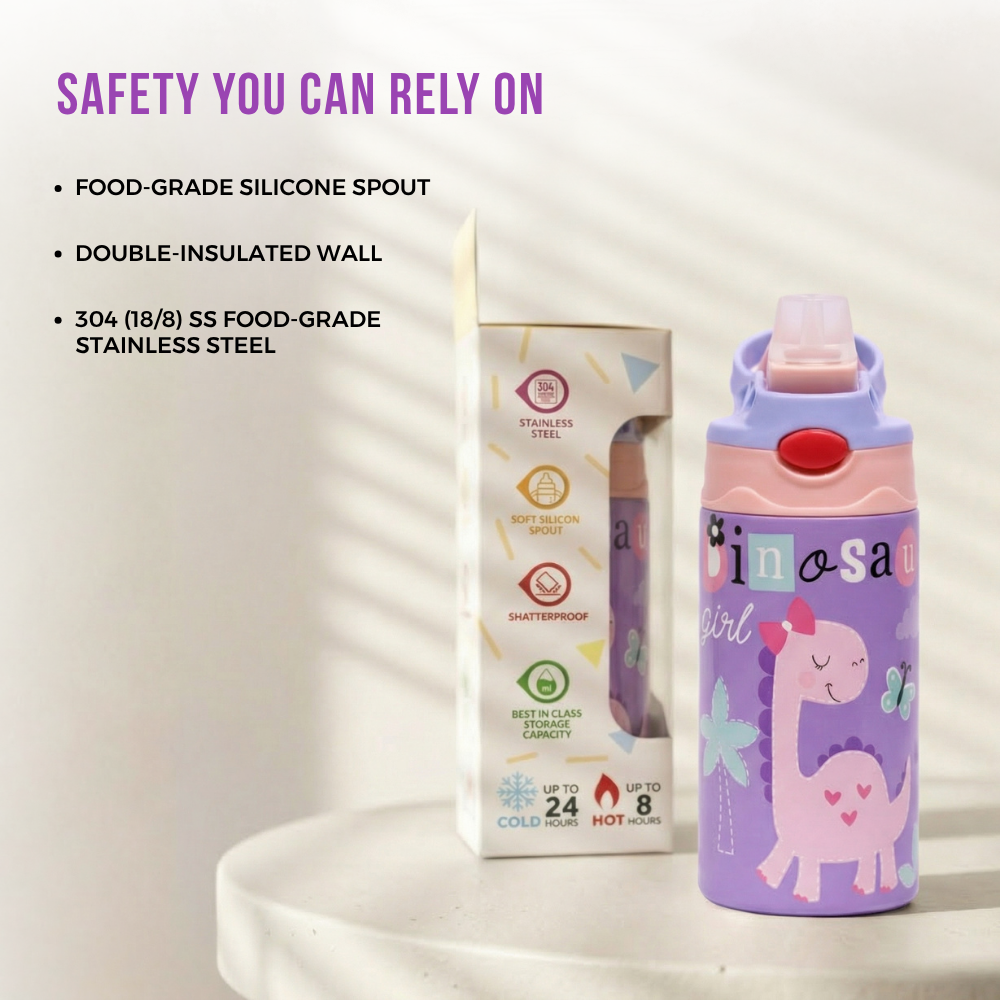 Adore Helios! Double Wall Insulated Stainless Steel Sipper 350ml- Purple Dino