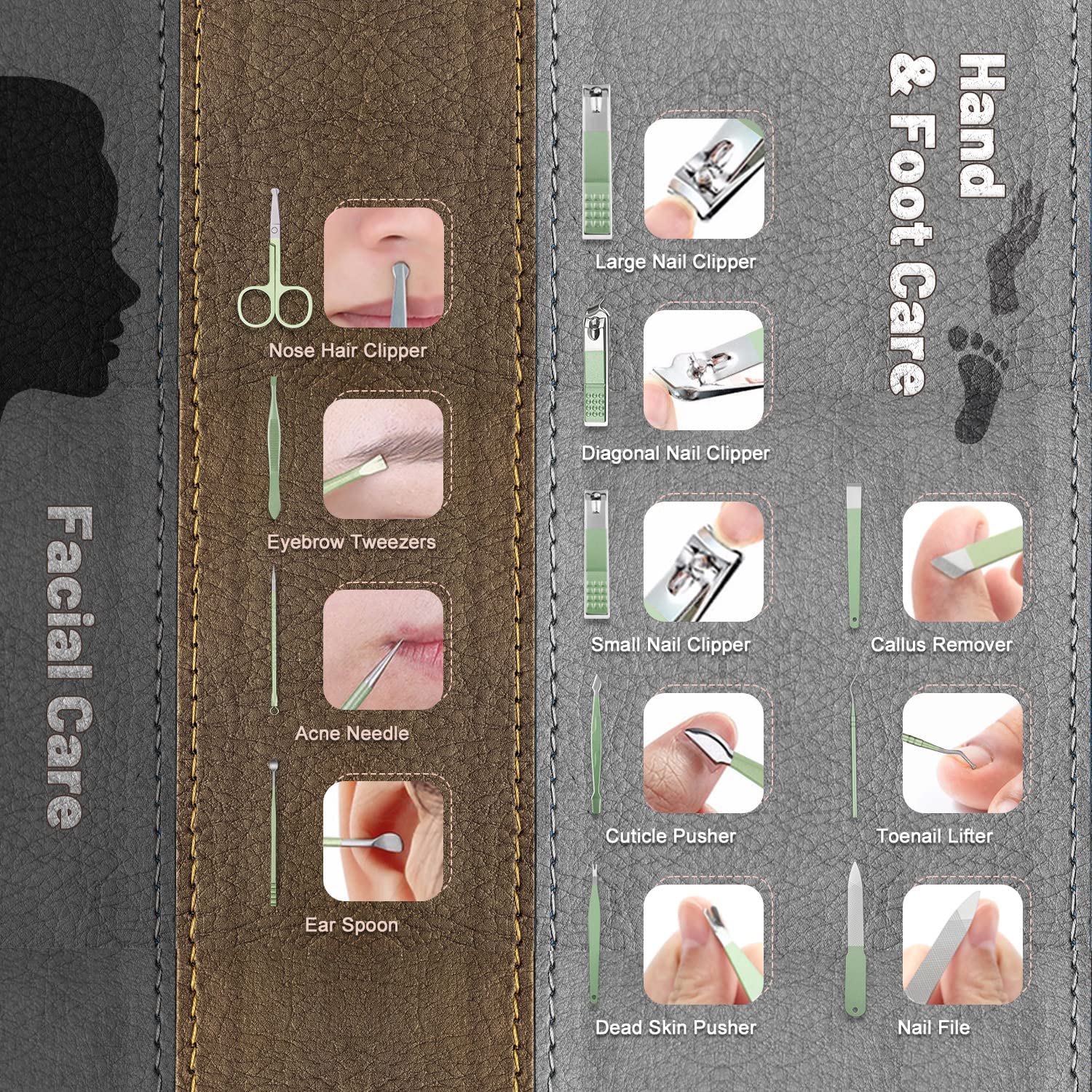 Adore KAMIKAZE! 12 pc Pedicure ,Manicure & Ear Cleaning set with case - Green