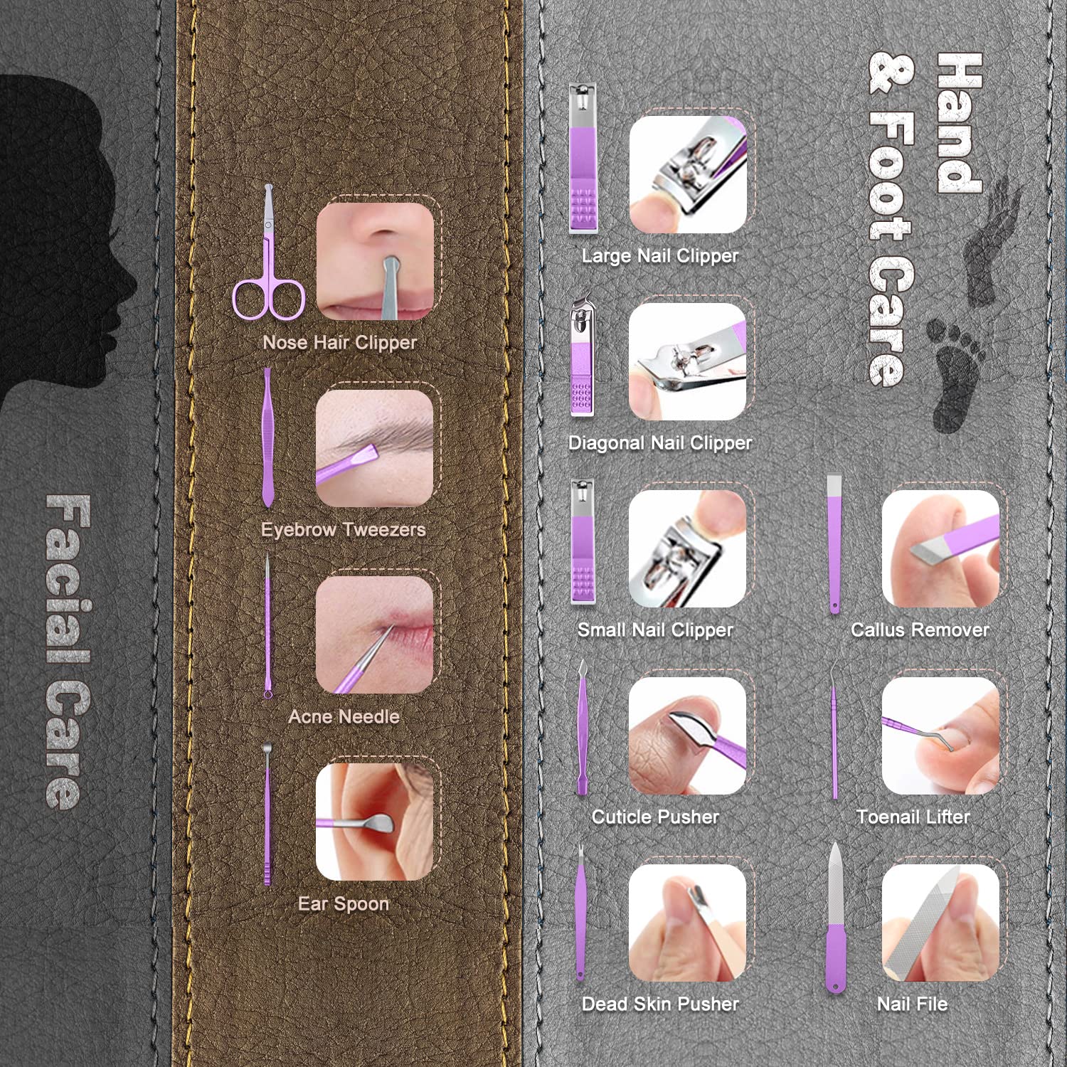 Adore KAMIKAZE! 12 pc Pedicure ,Manicure & Ear Cleaning set with case - Purple