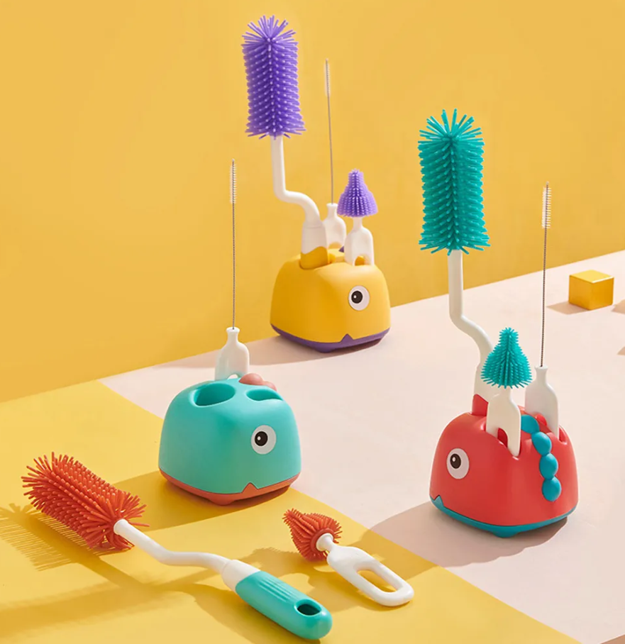 Adore Li'l Dino 3 in 1 Bottle Cleaning Brush kit with Drying Stand - Yellow