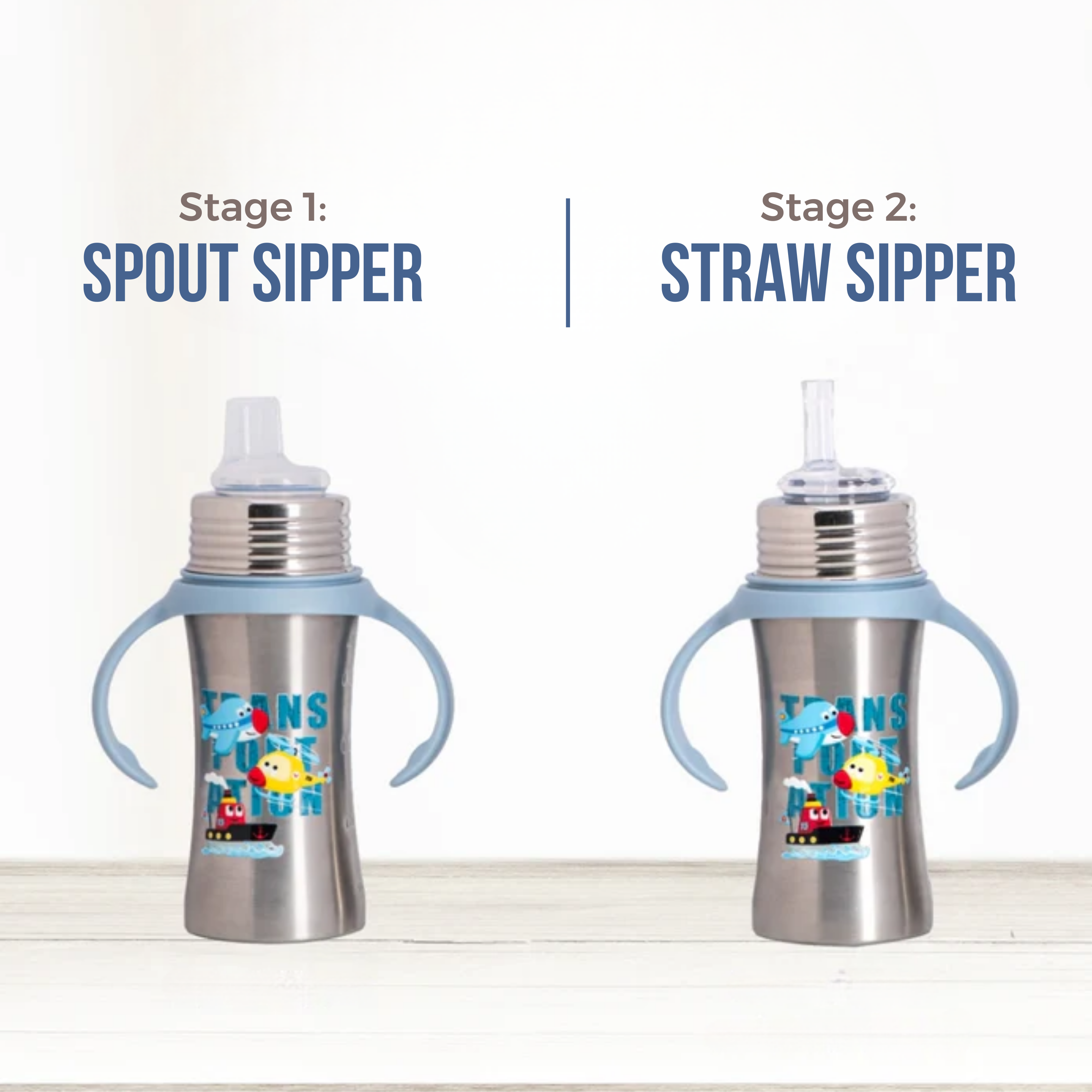 Adore Twilight 2in 1 Stainless Steel Sipper with Twin Handle 250ml - Blue Transport