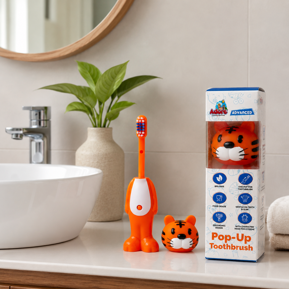 Adore Kids Pop Up Toothbrush with Safety Head Attractive Character - Orange Tiger