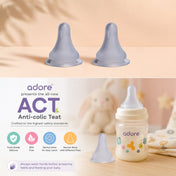 Adore ACT Anti Colic Teat Premium Matte Finish Narrow Neck Silicone Nipple - Pack of 2 -Medium