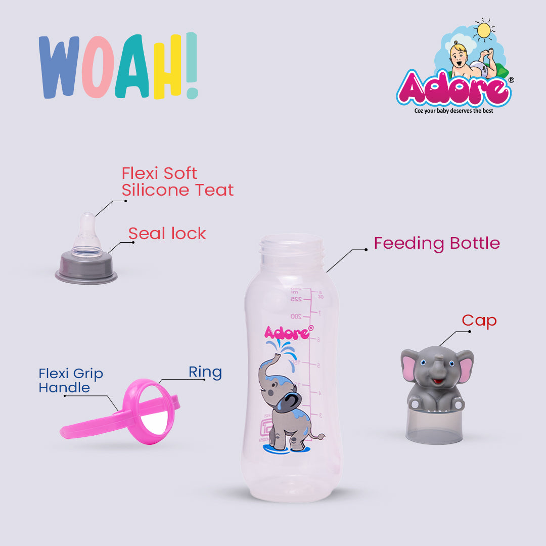 Adore Woah! The Character Hood Feeding Bottle- BIS Approved- Baby Safe- Anti-colic Teat -250ml - Elephant