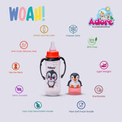 Adore Woah! The Character Hood Feeding Bottle- BIS Approved- Baby Safe- Anti-colic Teat -250ml - Penguin
