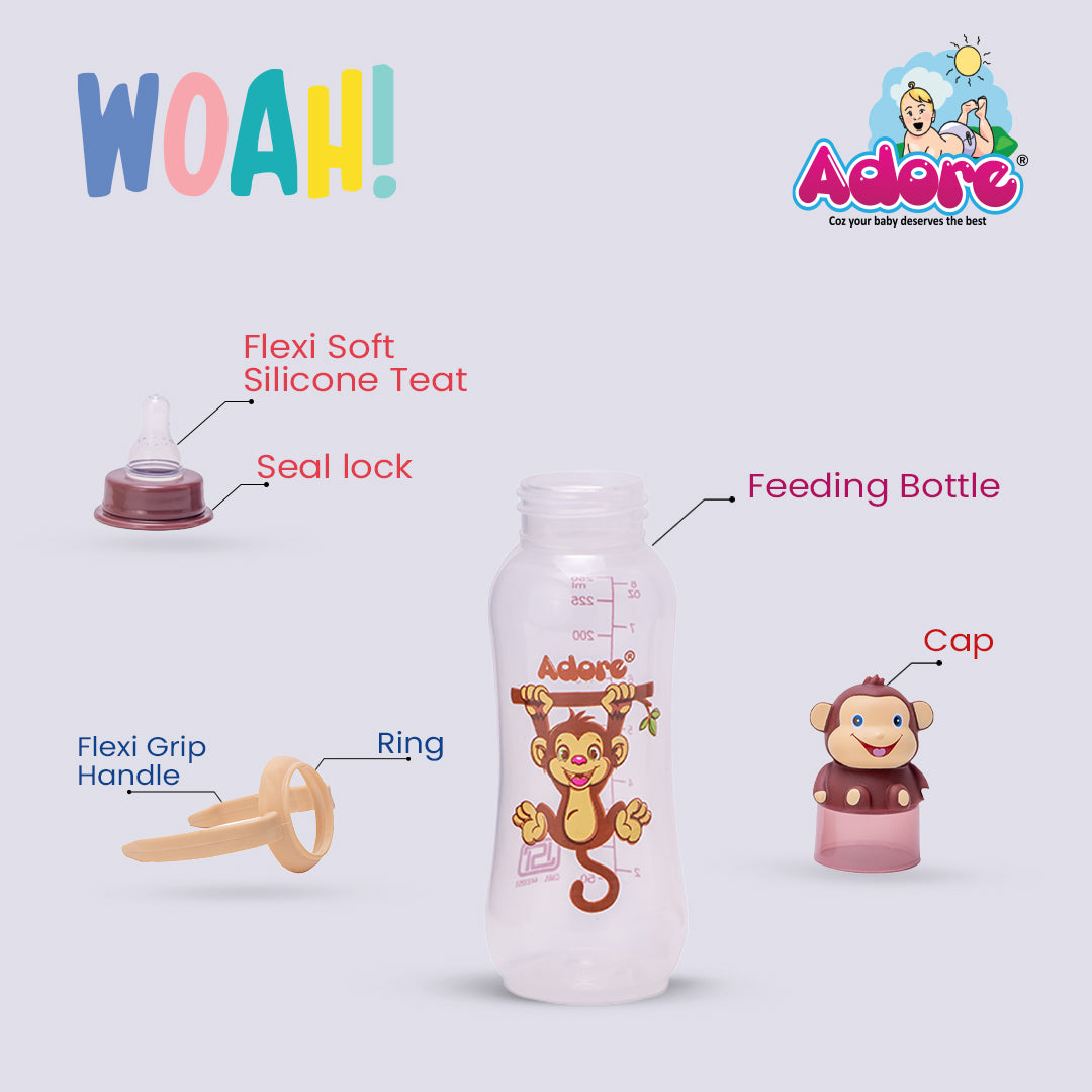 Adore Woah! The Character Hood Feeding Bottle- BIS Approved- Baby Safe- Anti-colic Teat -250ml - Monkey