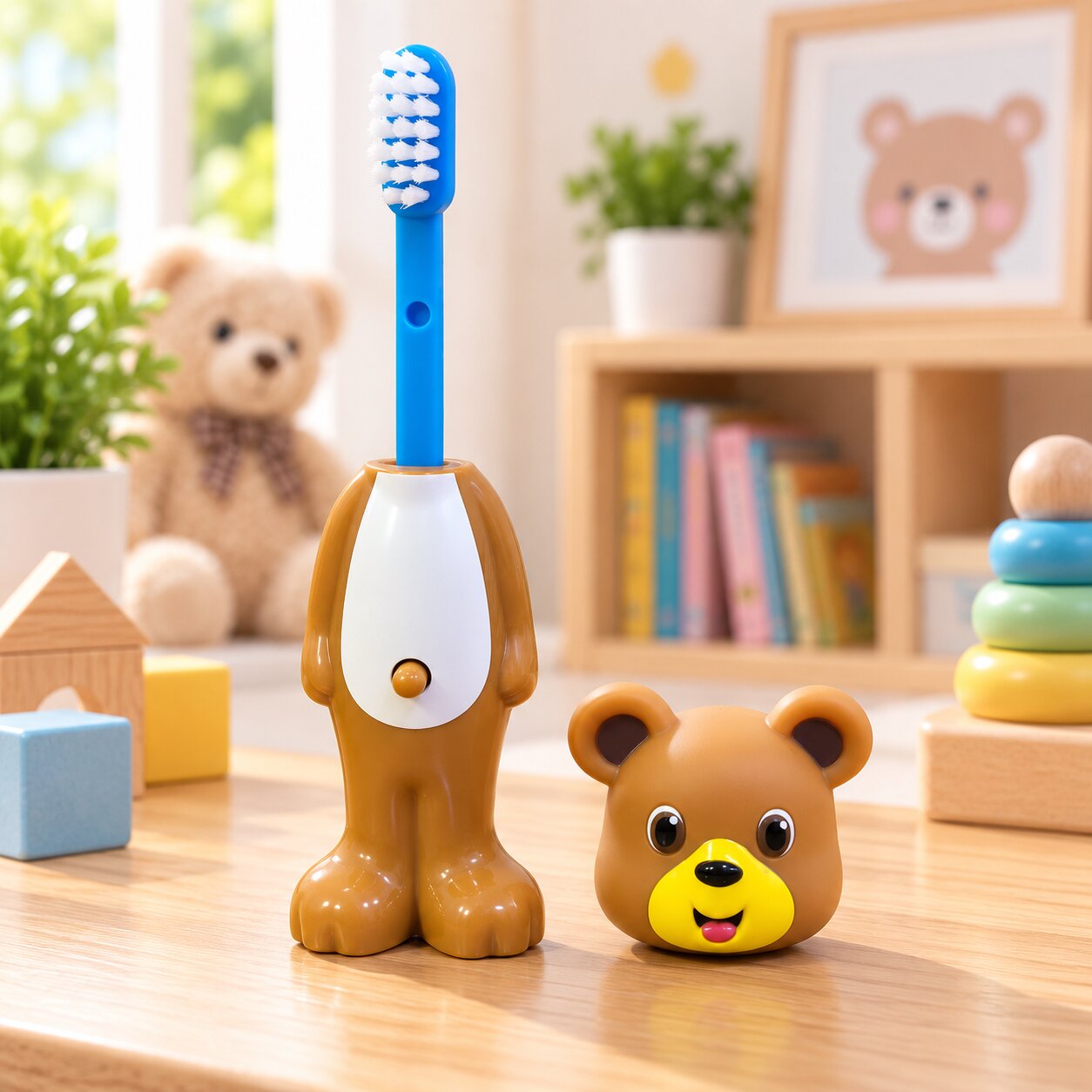 Adore Kids Pop Up Toothbrush with Safety Head Attractive Character - Brown Bear-Yellow mouth