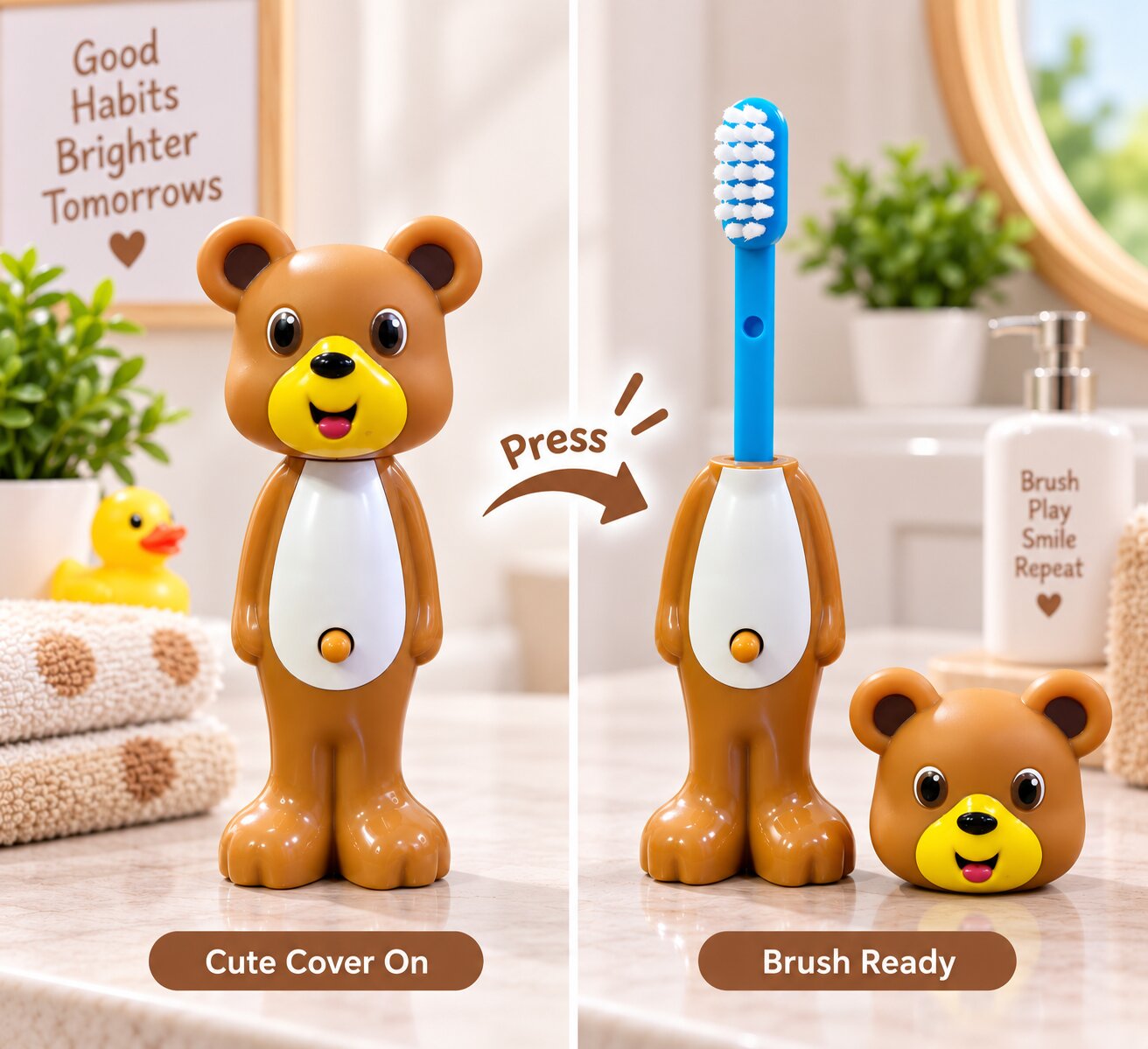 Adore Kids Pop Up Toothbrush with Safety Head Attractive Character - Brown Bear-Yellow mouth