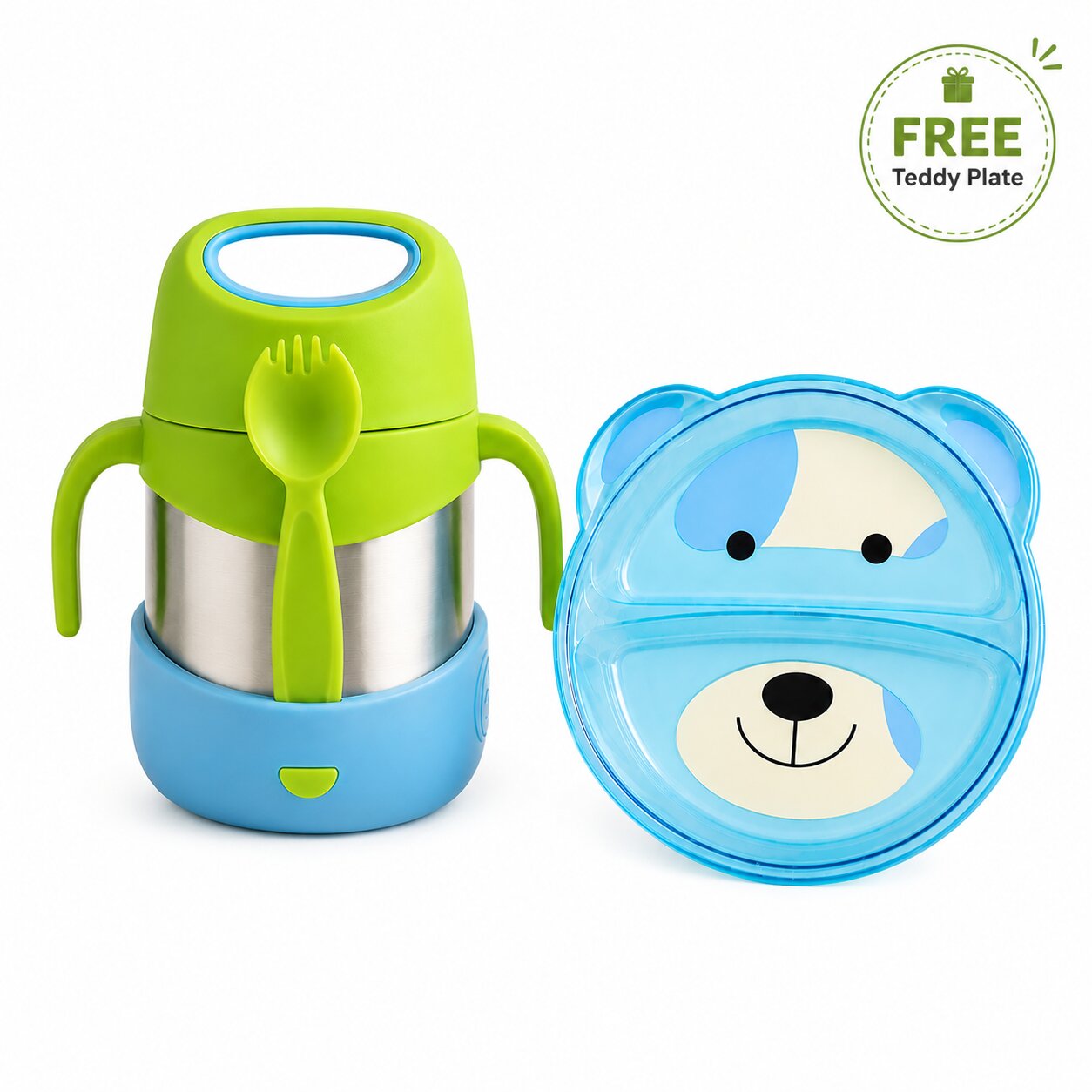 Adore Dr.Feed TinyTummy Insulated Hot & Cold Food Jar with Spork & Feeding Plate 335ml-Blue