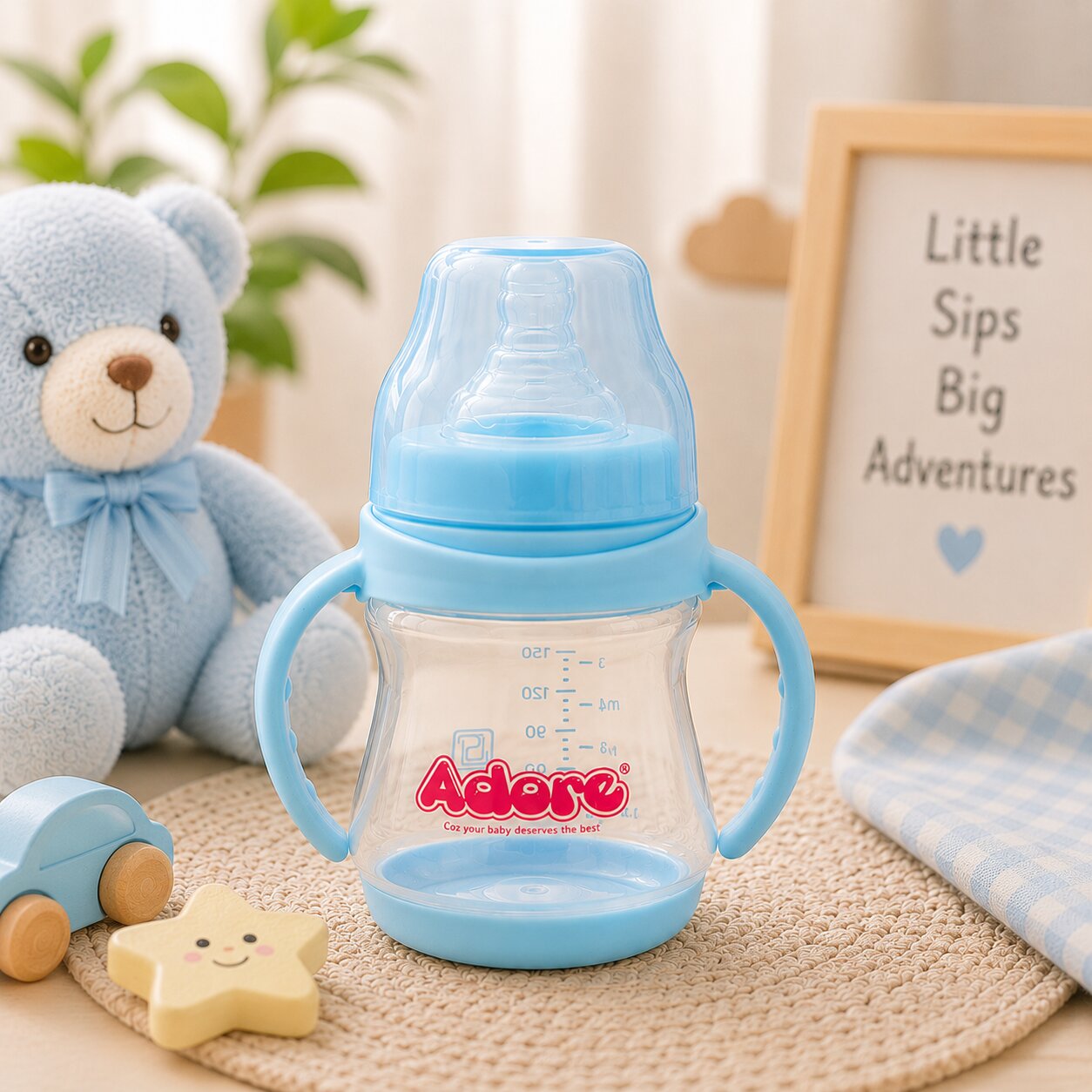 Adore 5 Stage Wide Neck Feeding Bottle with Easy Grippy Handle -150ml Blue