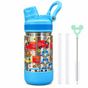 Adore HydroFlip 2-in-1 Insulated Printed Stainless Steel Kids Water Bottle with Silicone Base, 2 Spare Pipes & Straw Brush 450ml-Blue