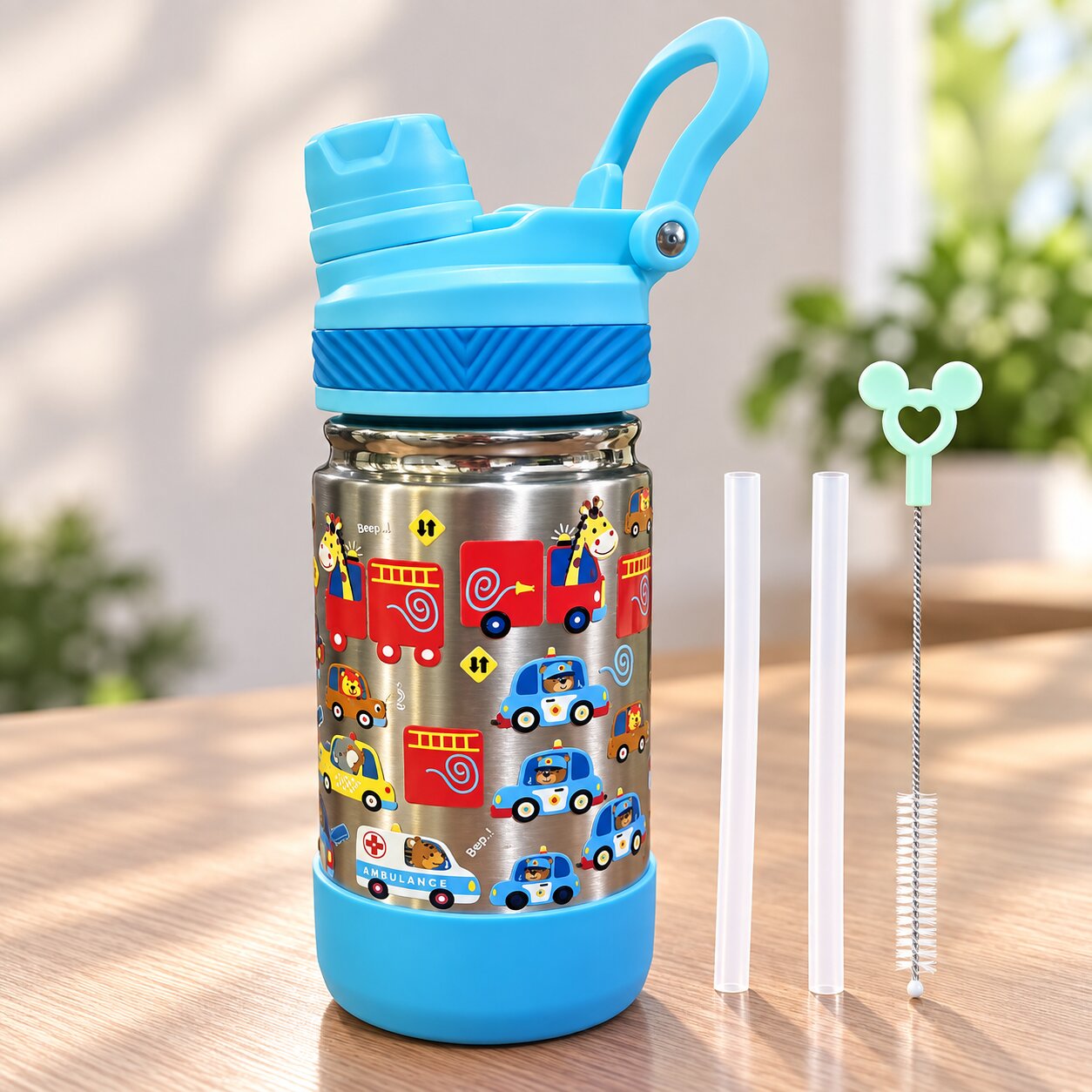 Adore HydroFlip 2-in-1 Insulated Printed Stainless Steel Kids Water Bottle with Silicone Base, 2 Spare Pipes & Straw Brush 450ml-Blue