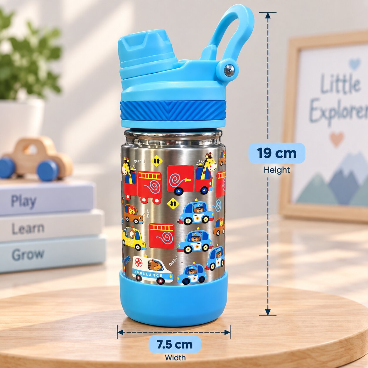 Adore HydroFlip 2-in-1 Insulated Printed Stainless Steel Kids Water Bottle with Silicone Base, 2 Spare Pipes & Straw Brush 450ml-Blue