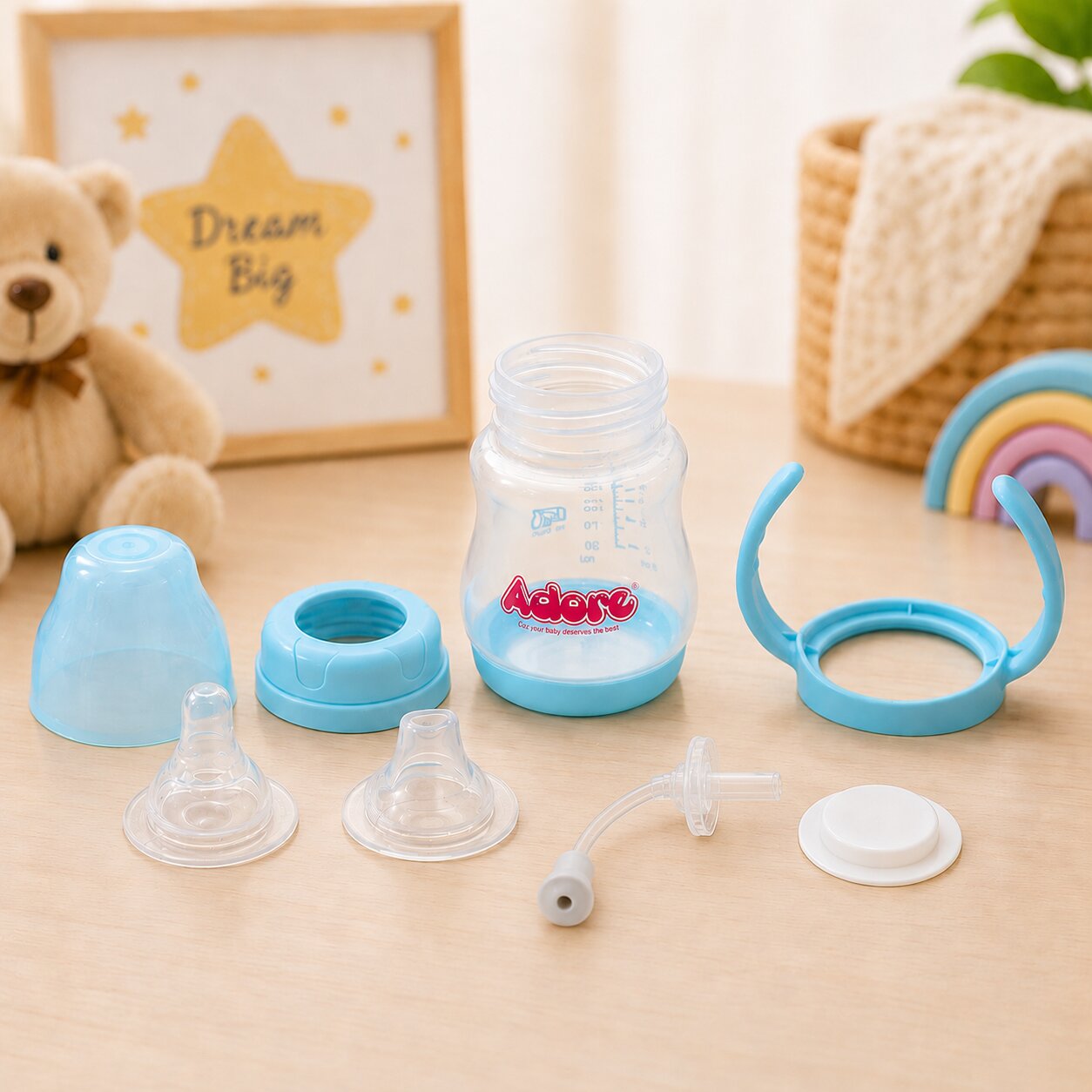 Adore 5 Stage Wide Neck Feeding Bottle with Easy Grippy Handle -150ml Blue