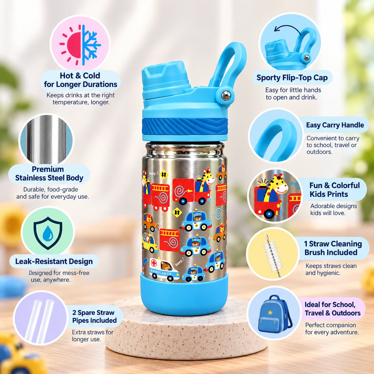 Adore HydroFlip 2-in-1 Insulated Printed Stainless Steel Kids Water Bottle with Silicone Base, 2 Spare Pipes & Straw Brush 450ml-Blue