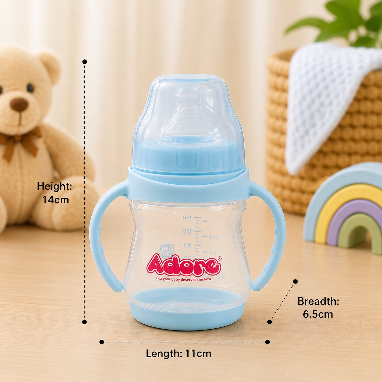 Adore 5 Stage Wide Neck Feeding Bottle with Easy Grippy Handle -150ml Blue