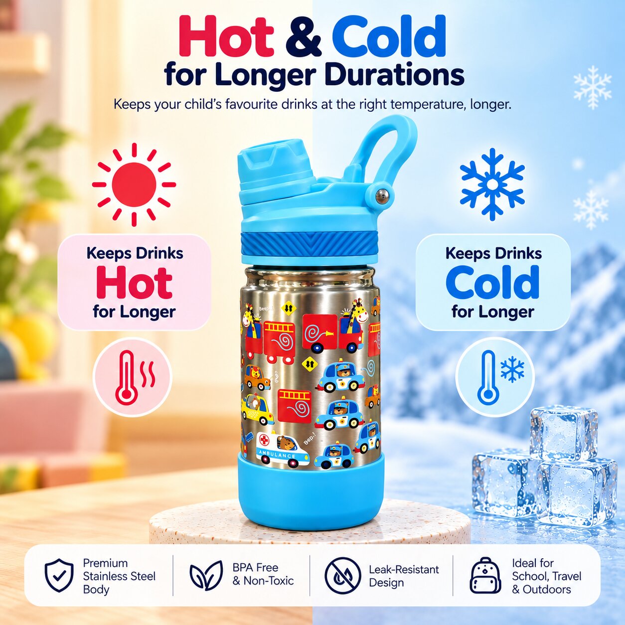 Adore HydroFlip 2-in-1 Insulated Printed Stainless Steel Kids Water Bottle with Silicone Base, 2 Spare Pipes & Straw Brush 450ml-Blue