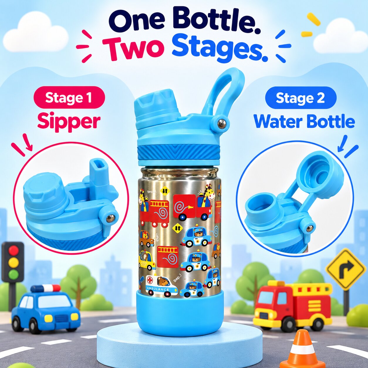 Adore HydroFlip 2-in-1 Insulated Printed Stainless Steel Kids Water Bottle with Silicone Base, 2 Spare Pipes & Straw Brush 450ml-Blue