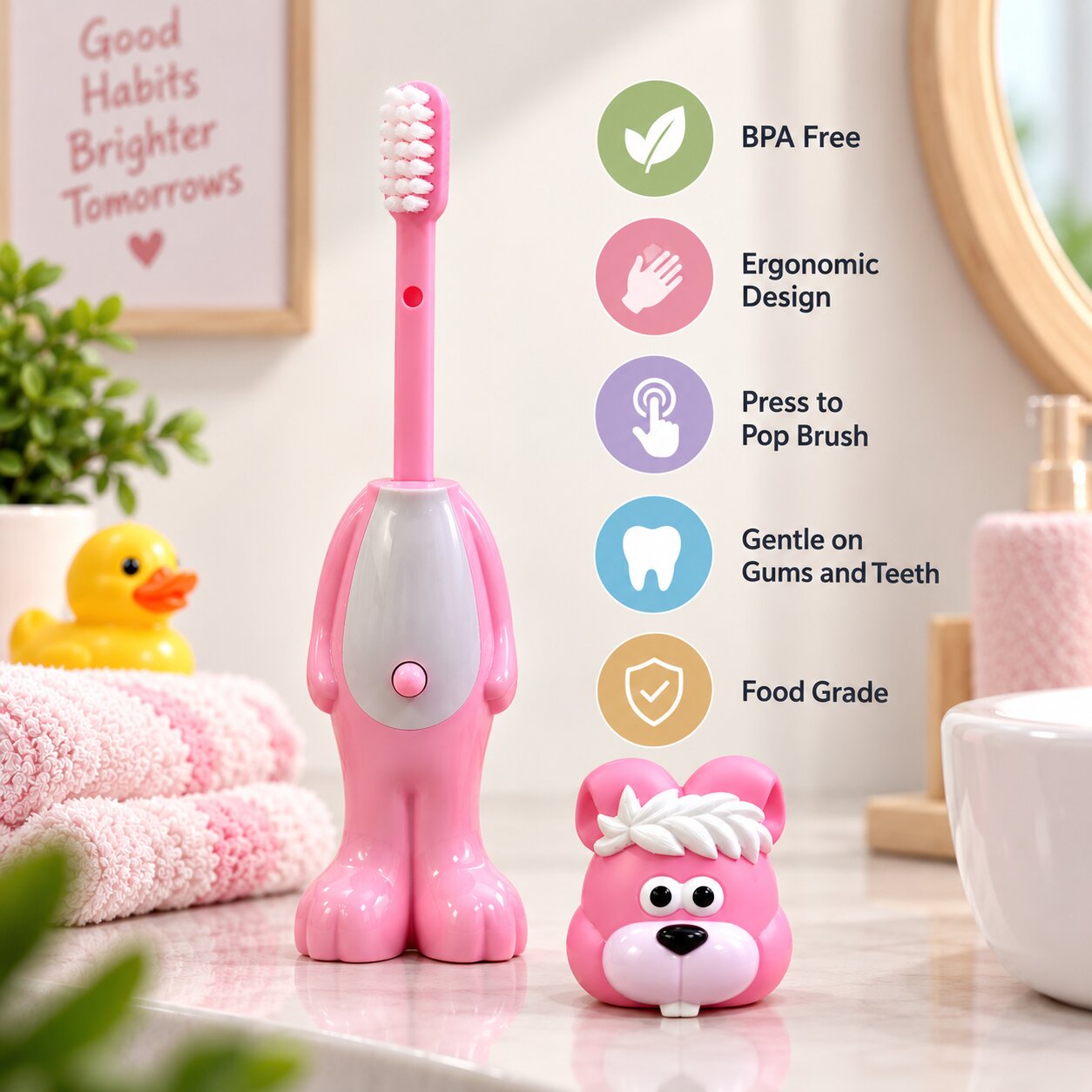 Adore Kids Pop Up Toothbrush with Safety Head Attractive Character - Pink Bunny