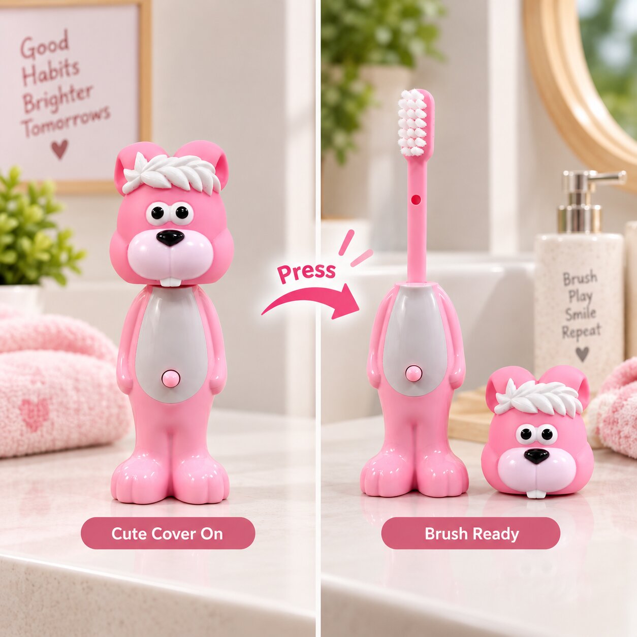 Adore Kids Pop Up Toothbrush with Safety Head Attractive Character - Pink Bunny
