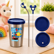 Adore Bliss Printed Stainless Steel Tumbler with Straw, Closed Lid, Straw Lid, Straw Brush- 300ml - Navy Blue