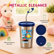 Adore Bliss Printed Stainless Steel Tumbler with Straw, Closed Lid, Straw Lid, Straw Brush- 300ml - Navy Blue